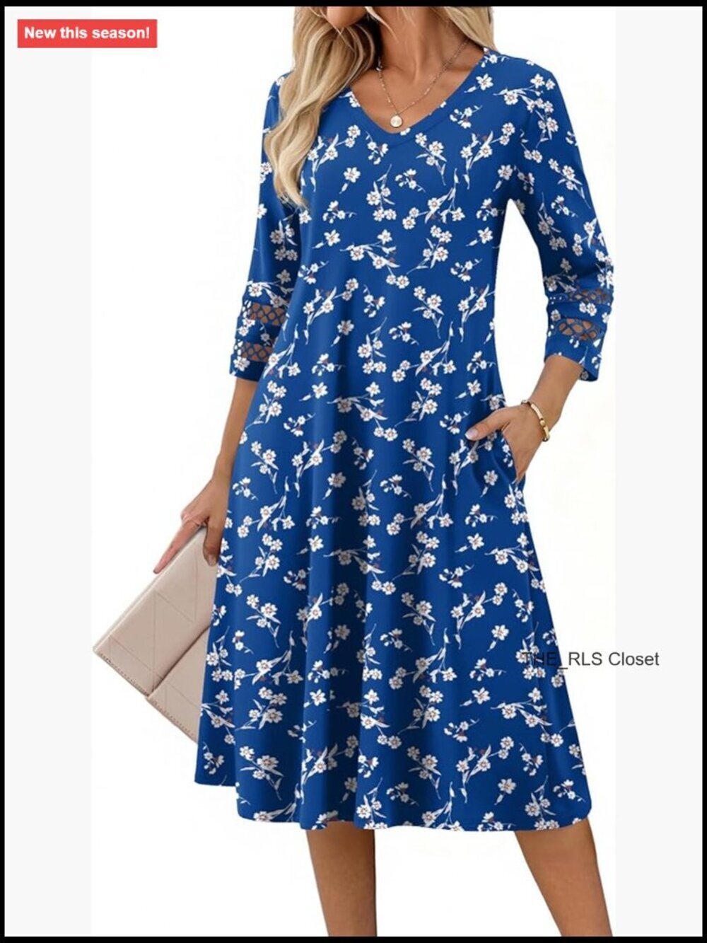 3/4 Sleeve Casual Loose Midi Dress, V-Neck, Side Pockets